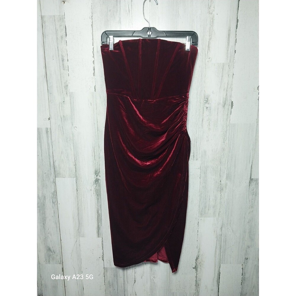 Strapless Velveteen Wrap Midi Dress in Deep Burgundy size small